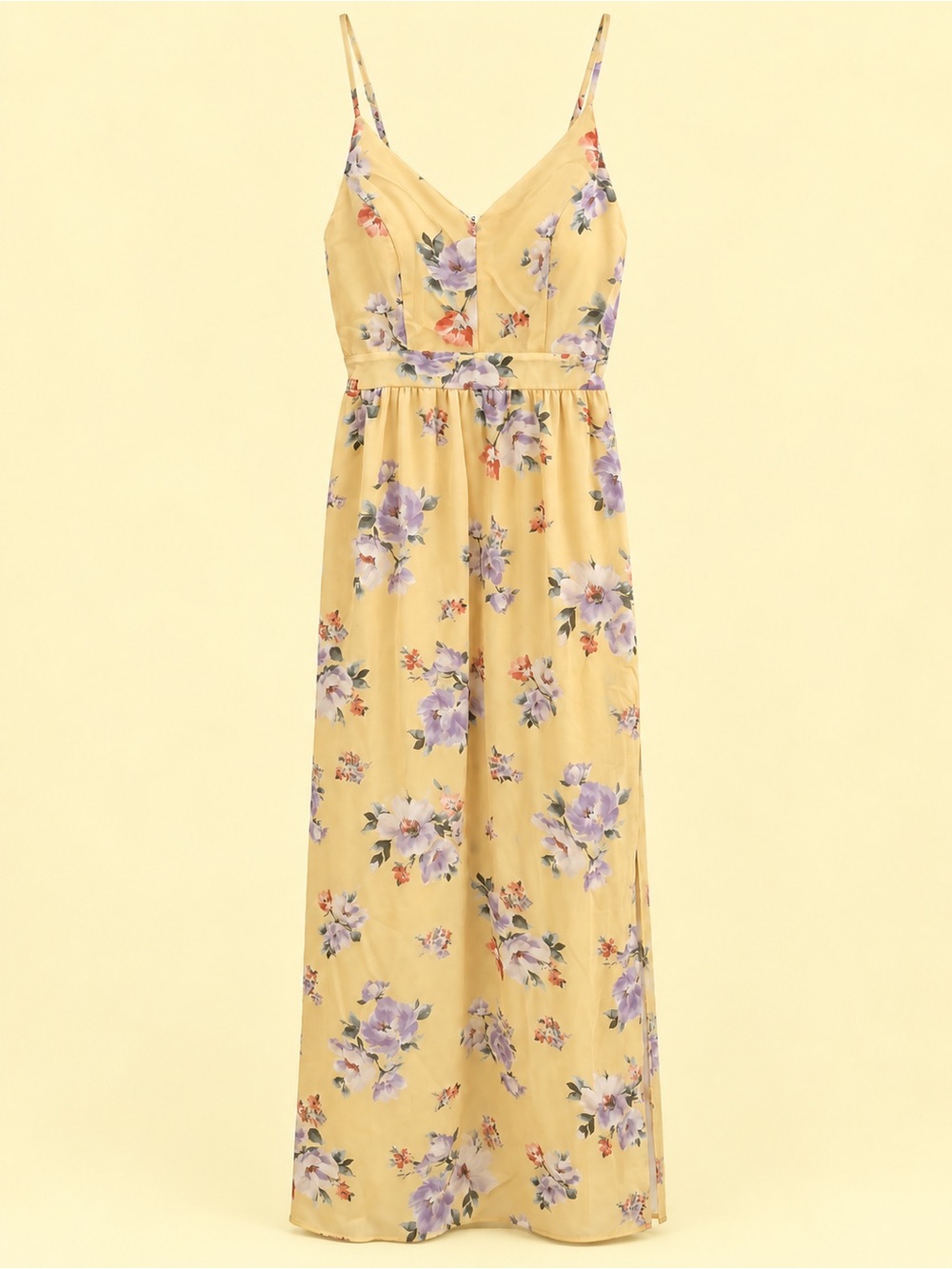 iris Yellow Floral Spaghetti-Strap Maxi Dress with Purple Blooms